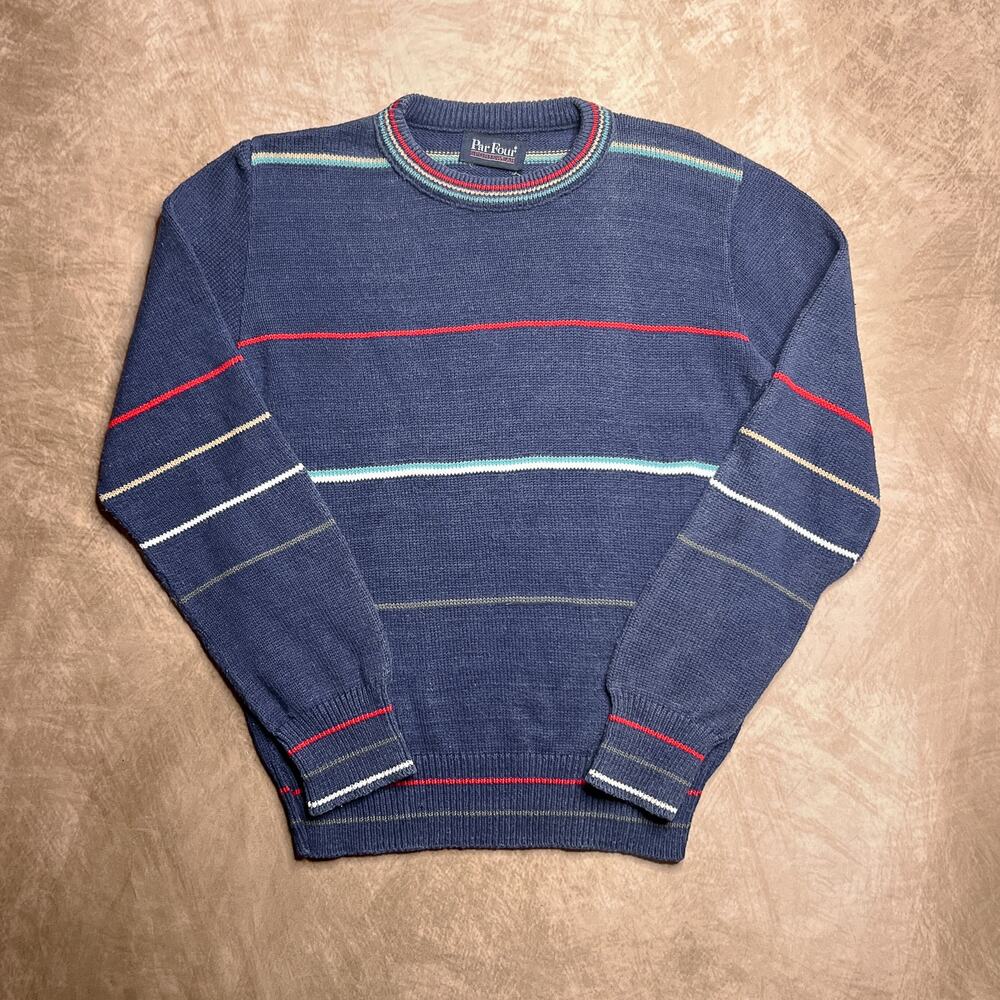 Vintage 80s Par Four Striped Sweater Navy Blue Knit Long Sleeve Retro Grandpa